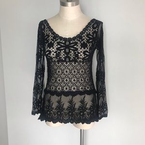 Crystal long sleeve black lace top